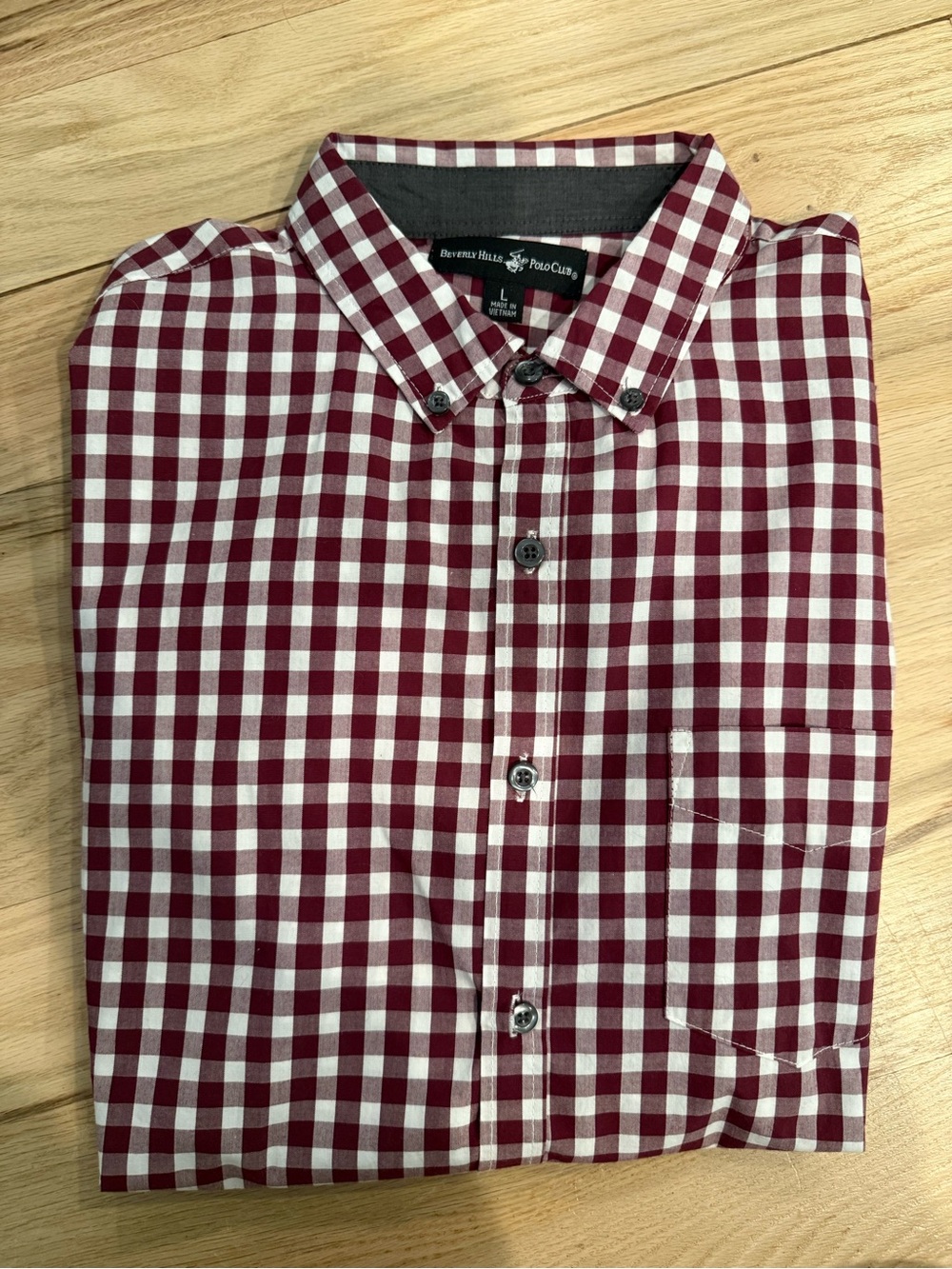 Beverly Hills Polo Club Men’s Burgundy and White Gingham Button-Down Shirt